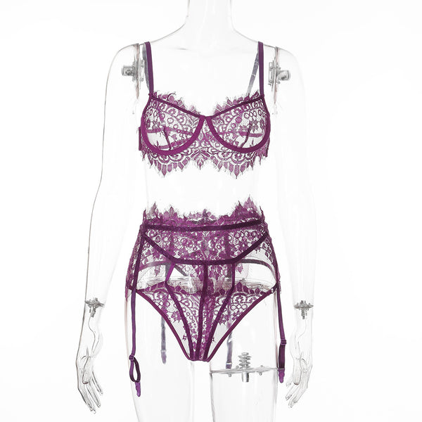 Bella collection 2 piece high waist sheer lace with garter bikini lingerie
